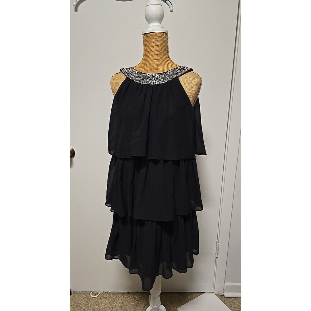 Sweet Kids Brand Formal Black Satin Layer Dress Girls size 14 Crystal Neckline